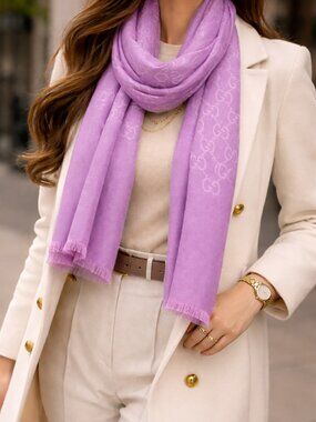 GUCCI Made In Italy Wool Silk Blend Luxury Logo Scarf Lilac 18in W x 71in L NWT